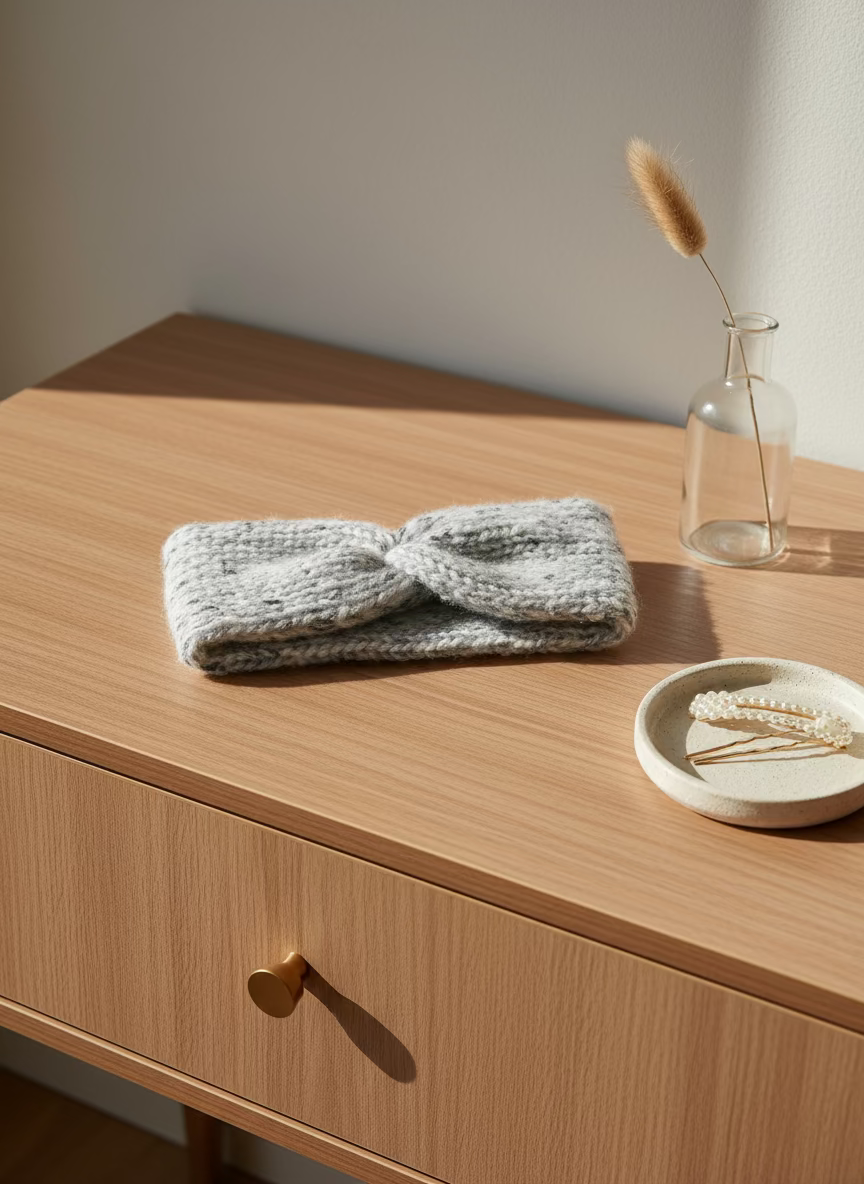 Knitted headband with a knot on a neutral background