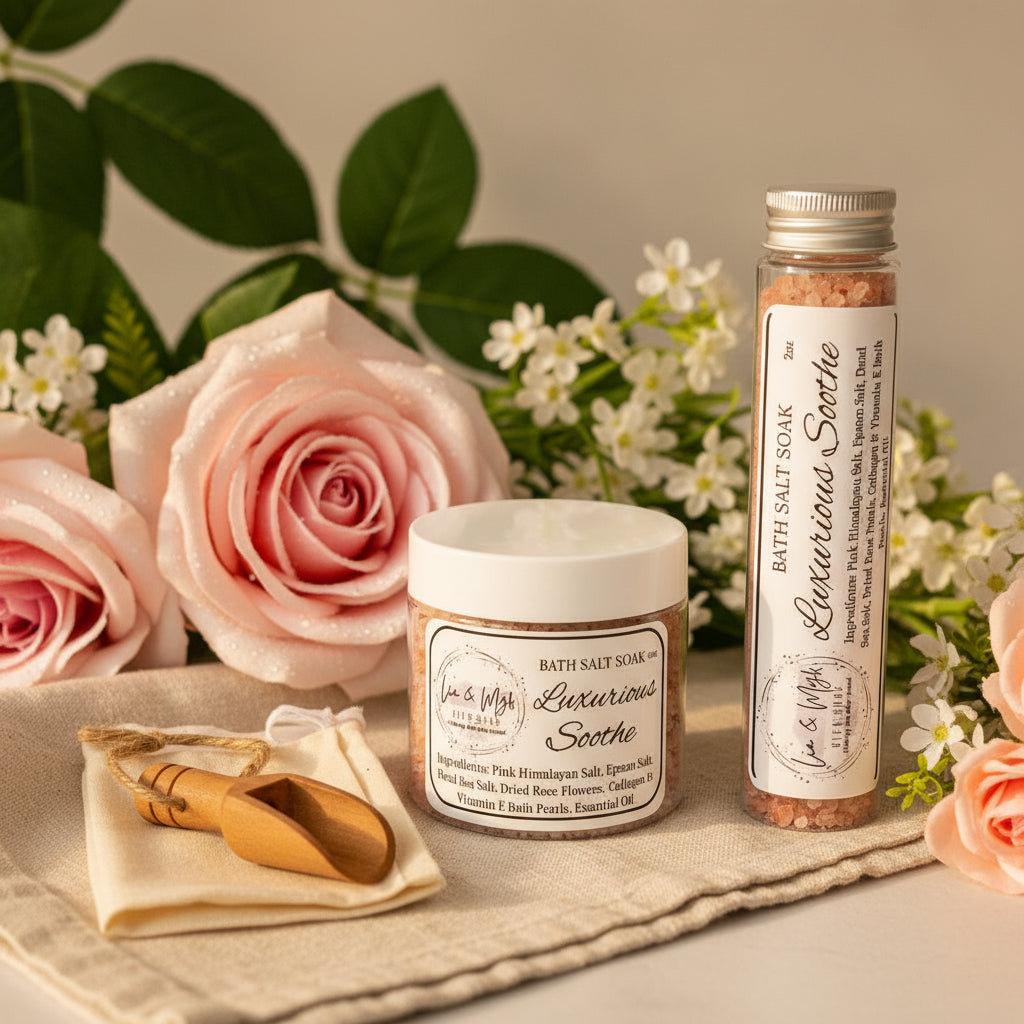 Bath salt soak with a spoon and pink roses and Himalayan salt on a light surface