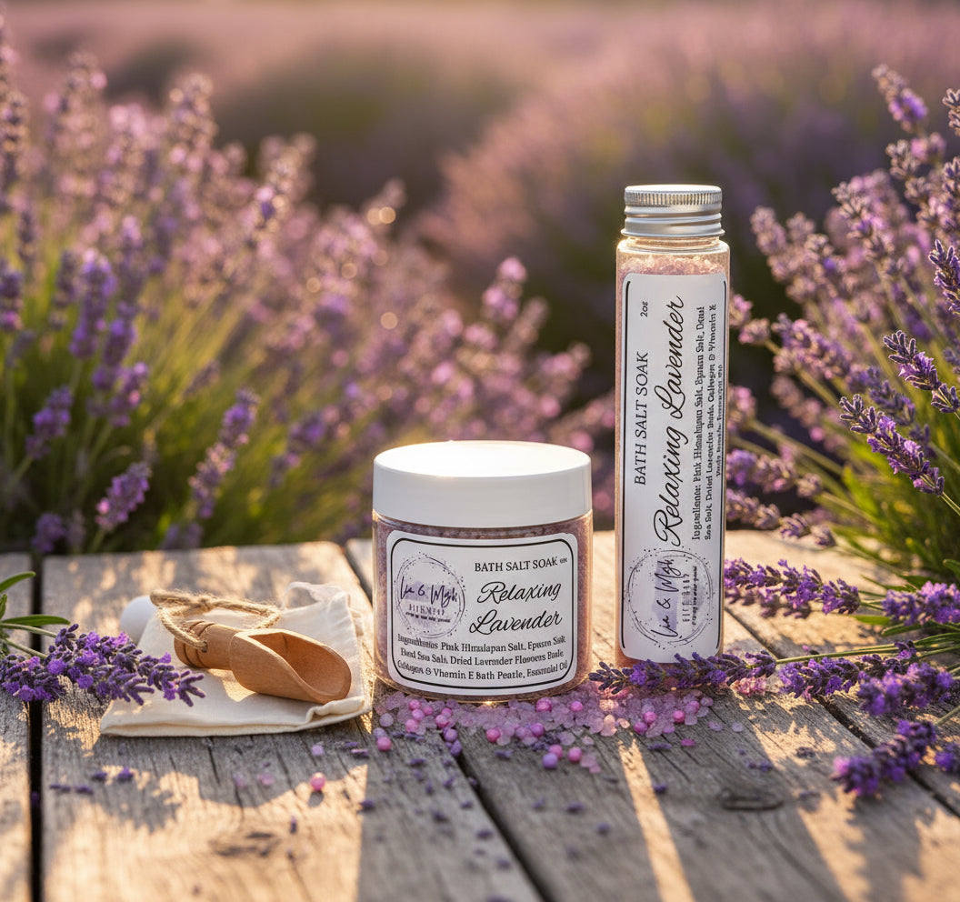 bath salt soak with a jar and bottle labeled 'Relaxing Lavender' on a surface with lavender flowers and Himalayan salt  in the background.